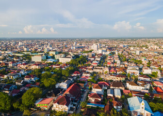 Aerial view of the downtown area of ​​Pontianak in the afternoon. Pontianak is the capital city of West Kalimantan Province, Indonesia.