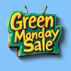 Green Monday Sale sign with bold, colorful letters on blue background