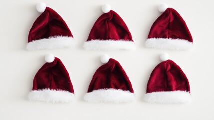 Six classic red Santa hats with white trim rest against a simple monochrome background, creating a festive and joyful atmosphere perfect for celebrating Christmas