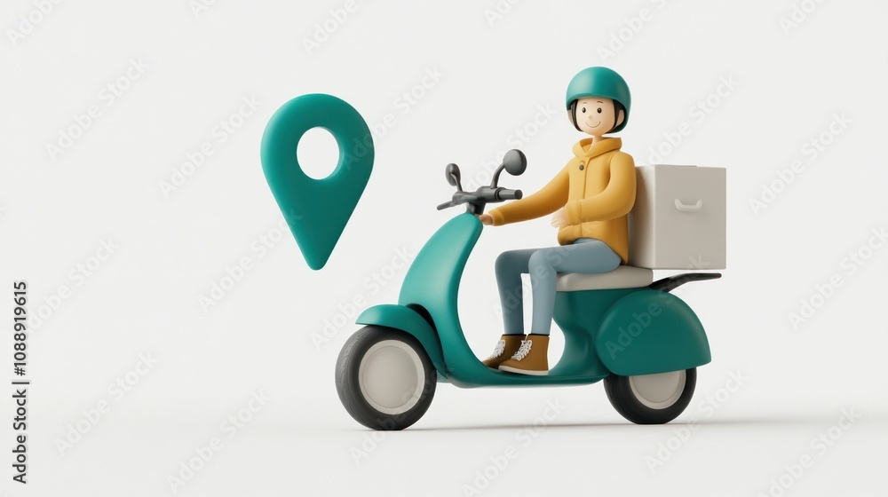 Poster a 3d illustration of a delivery person on a scooter next to a location pin.
