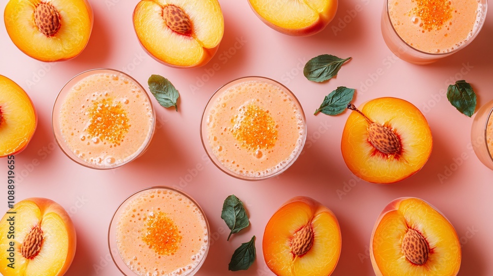 Poster 45-degree topview Isolated on background a luscious peach smoothie with a golden-orange splash accented by peach slices on a soft peach background with side empty space for text Stockphoto style