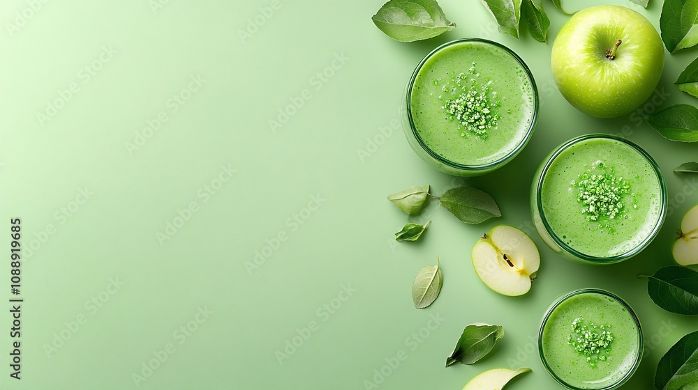 Poster 45-degree topview Isolated on background a refreshing green apple smoothie with a vibrant green splash paired with apple slices on a light green background with side empty space for text Stockphoto
