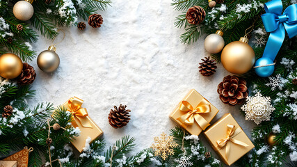Christmas background with ornaments, pine cones, presents. Christmas background