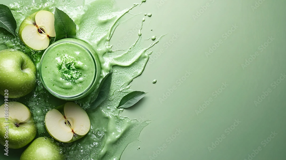Poster 45-degree topview Isolated on background a refreshing green apple smoothie with a vibrant green splash paired with apple slices on a light green background with side empty space for text Stockphoto
