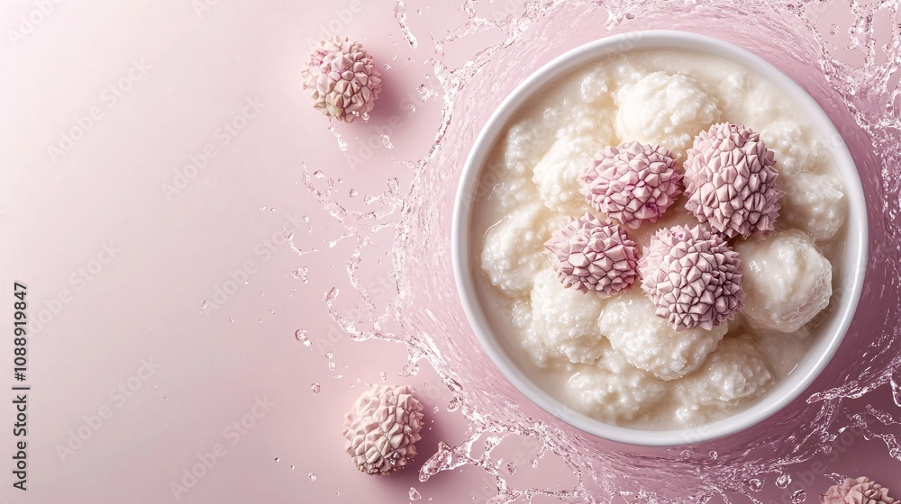 Poster 45-degree topview isolated on background a creamy lychee smoothie splashing softly with lychee fruit