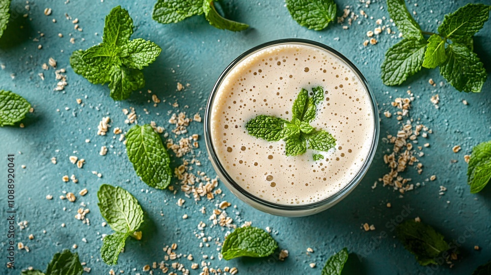Fototapete 45-degree topview Isolated on background a cool mint smoothie with a frothy green splash framed by mint leaves on a soft teal background with side empty space for text Stockphoto style