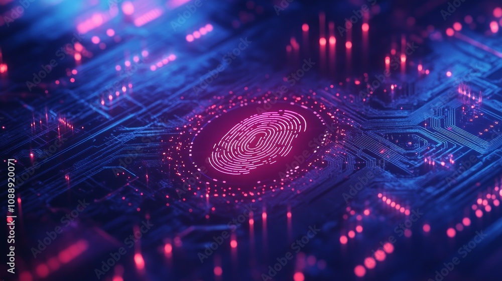 Aufkleber fingerprint biometric security scan on circuit board.