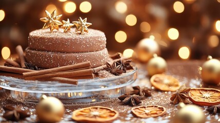 Fototapeta premium Festive Chocolate Cake Decorated with Stars and Oranges for a Celebration