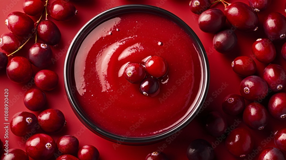 Fototapete 45-degree topview isolated on background a tart cranberry smoothie with a bright red splash framed b