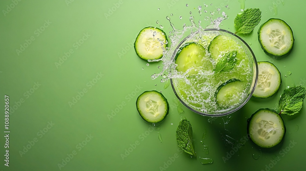 Fototapete 45-degree topview Isolated on background a refreshing cucumber smoothie splashing gently with cucumber slices and mint leaves on a soft green background with side empty space for text Stockphoto style