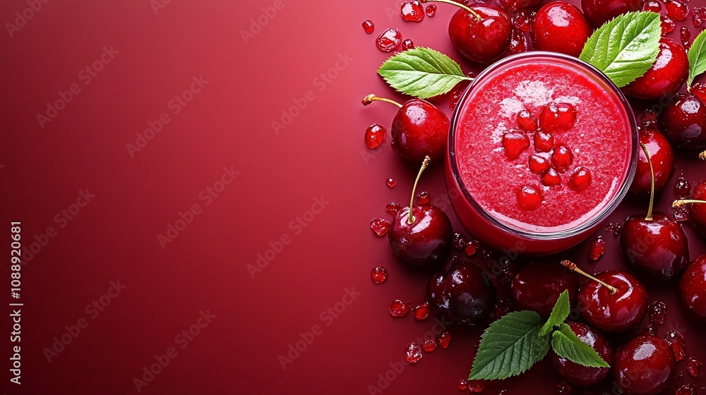 Fototapete 45-degree topview Isolated on background a vibrant cherry smoothie with a splash of red and cherries arranged naturally on a deep red background with side empty space for text Stockphoto style
