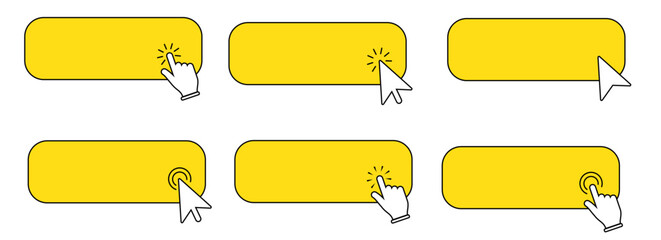 set of yellow buttons with a clicking hand or arrow pointer icon, featuring "Click Here" vector templates. Ideal for web and digital interfaces. Vector illustration.
