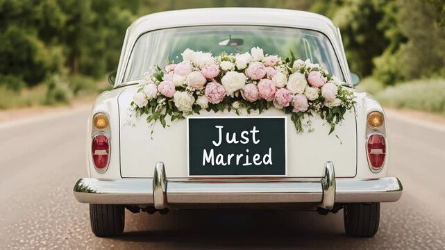 A beautiful vintage car drives down a scenic road, proudly displaying a Just Married sign adorned with elegant flowers. The couple enjoys their joyful ride, surrounded by nature's beauty.