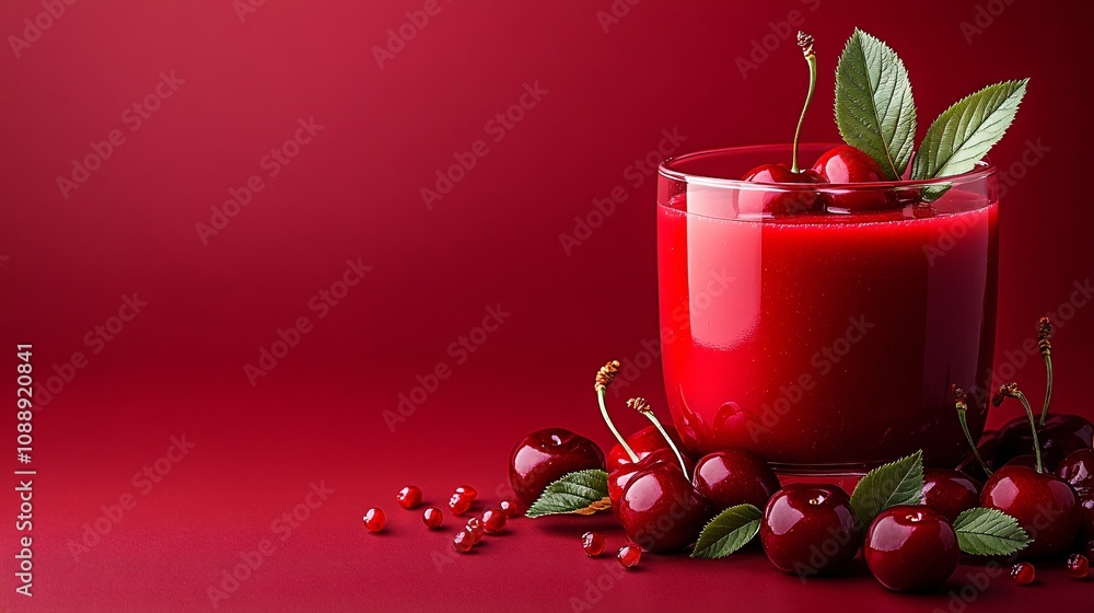 Aufkleber 45-degree topview Isolated on background a vibrant cherry smoothie with a splash of red and cherries arranged naturally on a deep red background with side empty space for text Stockphoto style