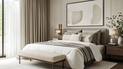 Luxurious Bedroom and Bathroom Interiors with Stylish Decor Elements, Modern Cityscape Views, and Elegant Design Accents