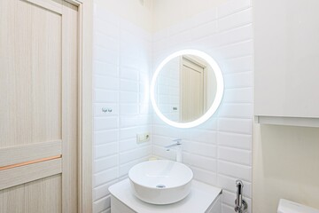 interior apartment room bathroom, sink, decorative elements, toilet. WC, sanitary unit, wash room