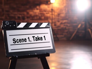 Filming Action Set Scene Take Clapperboard Film Studio Cinematic Environment Close-Up Movie Production Concept