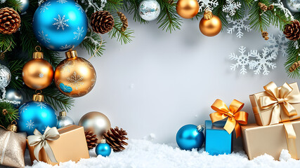 Christmas background with ornaments, pine cones, presents. Christmas background