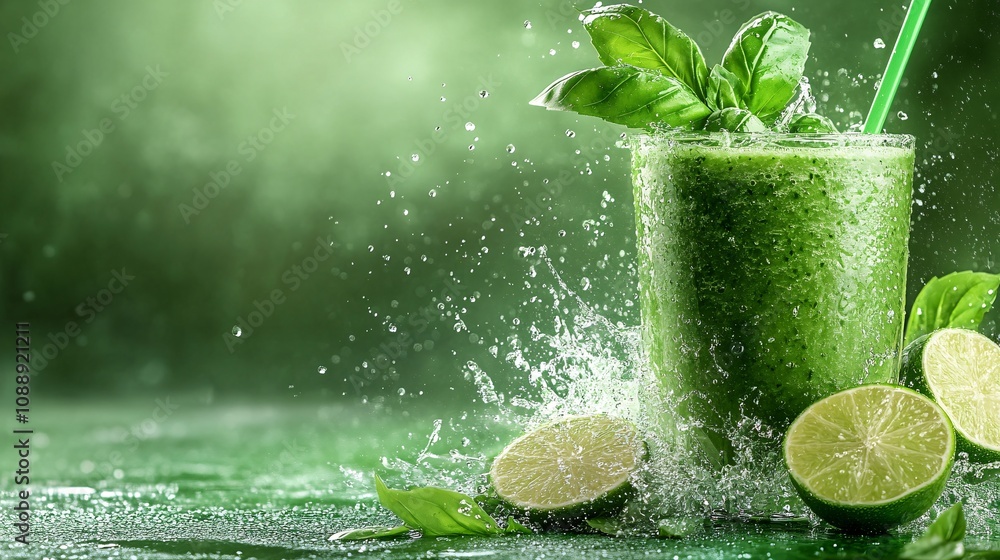 Fototapete 45-degree topview Isolated on background a refreshing basil and lime smoothie splashing gently with basil leaves and lime slices on a fresh green background with side empty space for text Stockphoto