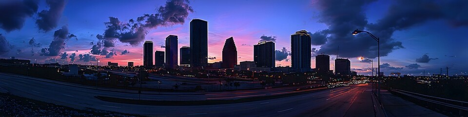 Fototapeta premium A vibrant cityscape of Florida at dusk, showcasing the iconic landmark with high-rise buildings . The sky is painted with hues of blue and purple as the sun sets behind them