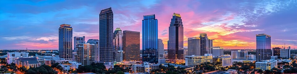 Fototapeta premium A vibrant cityscape of Florida at dusk, showcasing the iconic landmark with high-rise buildings . The sky is painted with hues of blue and purple as the sun sets behind them