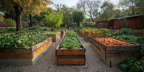 Obraz premium Rows of raised garden beds filled with various vegetables and flowers in a sunny outdoor setting.