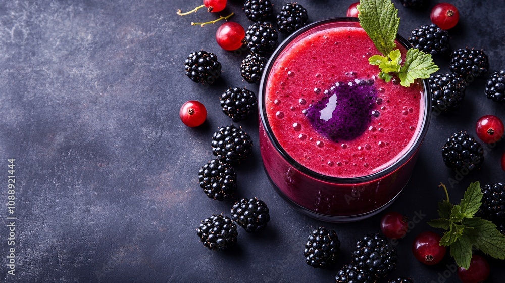 Poster 45-degree topview Isolated on background a vibrant blackcurrant smoothie with a bold purple splash framed by blackcurrants on a deep purple background with side empty space for text Stockphoto style