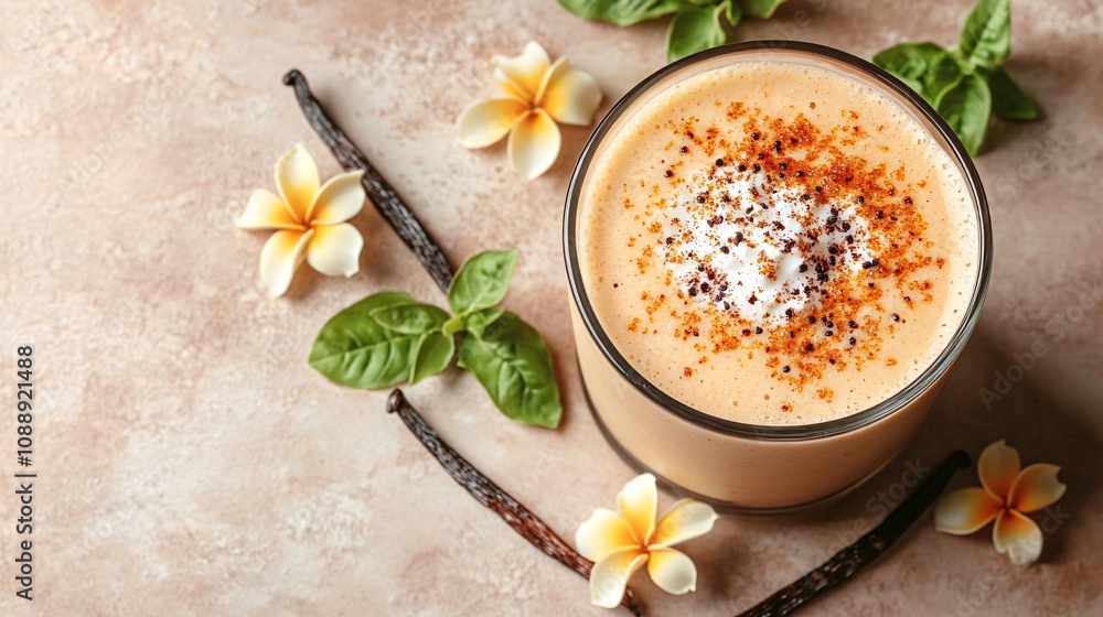 Fototapete 45-degree topview Isolated on background a creamy vanilla smoothie with a soft white splash accented by vanilla pods on an ivory background with side empty space for text Stockphoto style