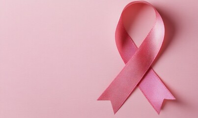 Pink awareness ribbon on soft pink background. Breast cancer awareness and support concept.