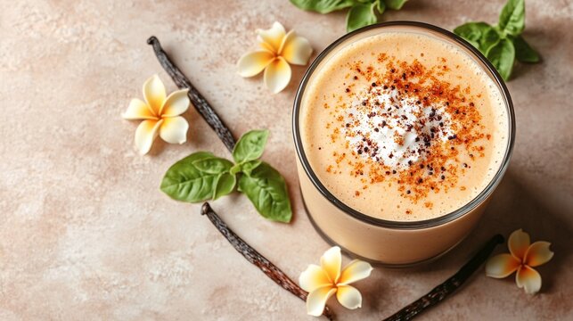 45-degree topview Isolated on background a creamy vanilla smoothie with a soft white splash accented by vanilla pods on an ivory background with side empty space for text Stockphoto style