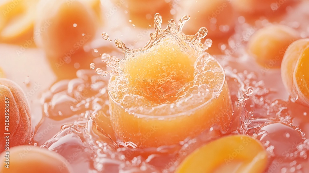 Fototapete 45-degree topview Isolated on background a fresh apricot smoothie with a pale orange splash surrounded by apricot slices on a soft orange background with side empty space for text Stockphoto style