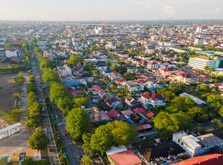 Aerial view of the downtown area of ​​Pontianak in the afternoon. Pontianak is the capital city of West Kalimantan Province, Indonesia.
