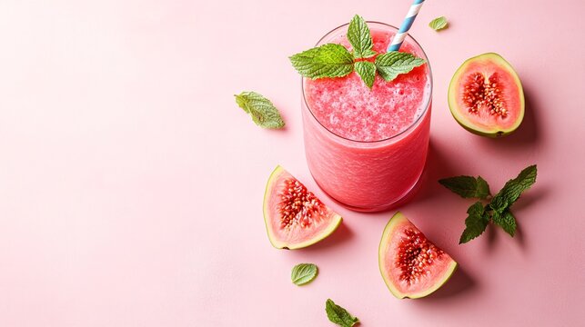 45-degree topview Isolated on background a tropical guava smoothie with a soft pink splash highlighted by fresh guava slices on a light pink background with side empty space for text Stockphoto style
