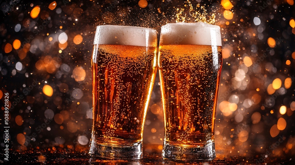 Poster 45-degree topview Isolated on background two beer glasses clinking with a golden liquid splash erupting from their rims on a deep amber background with side empty space for text Stockphoto style