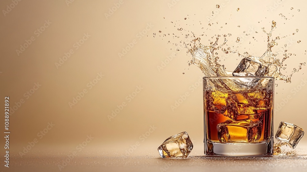 Poster 45-degree topview isolated on background a whiskey glass with rich golden-brown liquid splashing upw