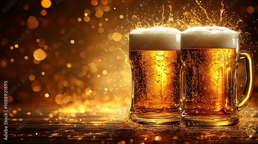 Poster 45-degree topview isolated on background two beer glasses clinking with a golden liquid splash erupt
