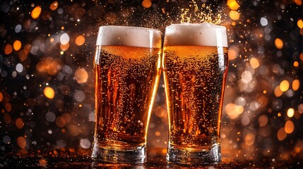 45-degree topview Isolated on background two beer glasses clinking with a golden liquid splash erupting from their rims on a deep amber background with side empty space for text Stockphoto style