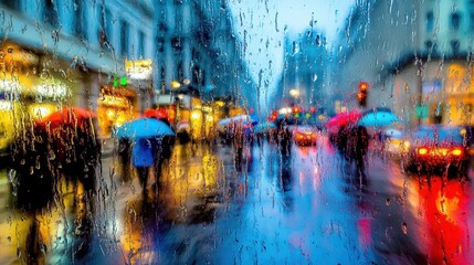 Naklejka premium Rainy city street scene viewed through a rain-streaked window.