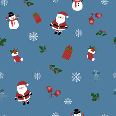 Vector background for Christmas gifts, holiday elements on dark blue background, snowflakes. Beautiful illustration for packaging and paper santa snowman snowflakes gifts copy space