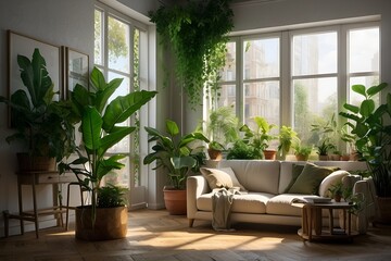Fototapeta premium Three vibrant plants bask in the brilliant sunlight streaming through the window of a modern, simple, stylish and clean living room.