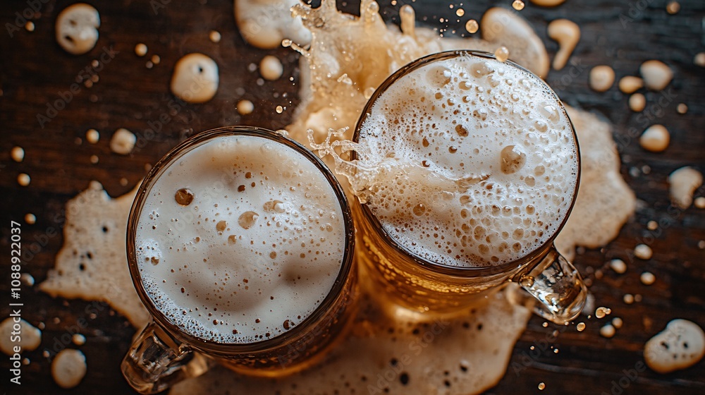 Fototapete 45-degree topview Isolated on background two frosty beer mugs colliding creating a dynamic splash of golden beer foam on a dark wood-toned background with side empty space for text Stockphoto style