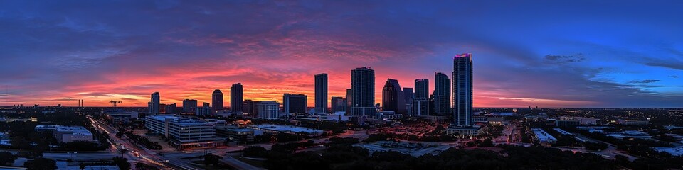 Obraz premium A vibrant cityscape of Florida at dusk, showcasing the iconic landmark with high-rise buildings . The sky is painted with hues of blue and purple as the sun sets behind them, casting long shadows on