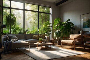 Fototapeta premium Three vibrant plants bask in the brilliant sunlight streaming through the window of a modern, simple, stylish and clean living room.
