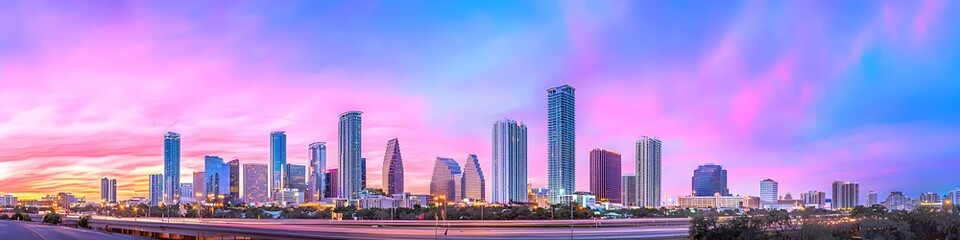 Obraz premium A vibrant cityscape of Florida at dusk, showcasing the iconic landmark with high-rise buildings . The sky is painted with hues of blue and purple as the sun sets behind them, casting long shadows on