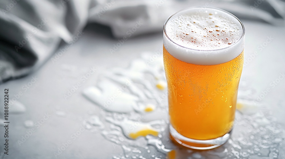 Leinwandbilder 45-degree topview isolated on background a beer glass tilted slightly with foam spilling over the ri