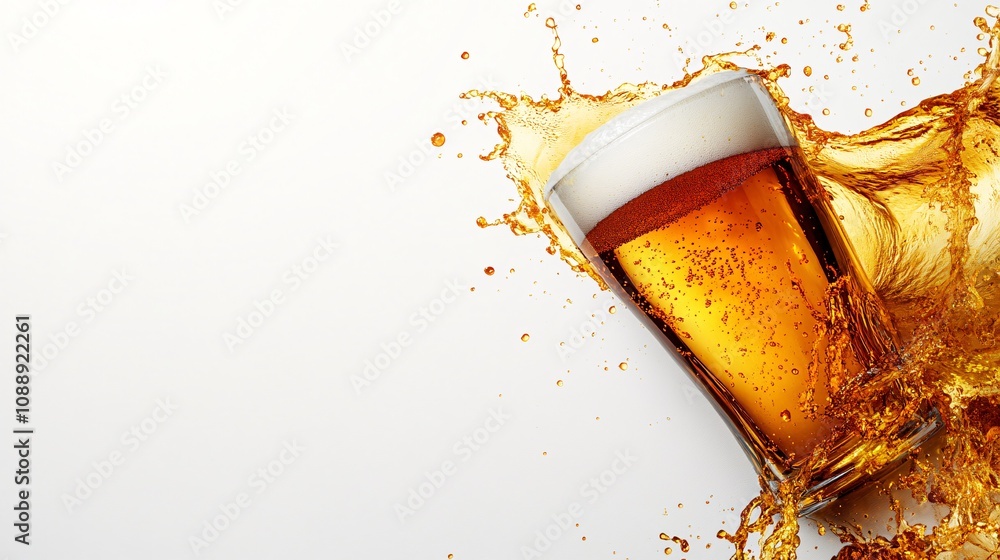 Poster 45-degree topview Isolated on background a beer glass tilted slightly with foam spilling over the rim as golden liquid splashes outward on a crisp white background with side empty space for text