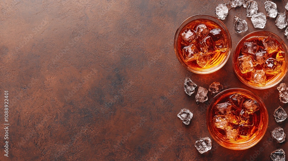 Aufkleber 45-degree topview isolated on background two whiskey glasses toasting with a splash of amber liquid 