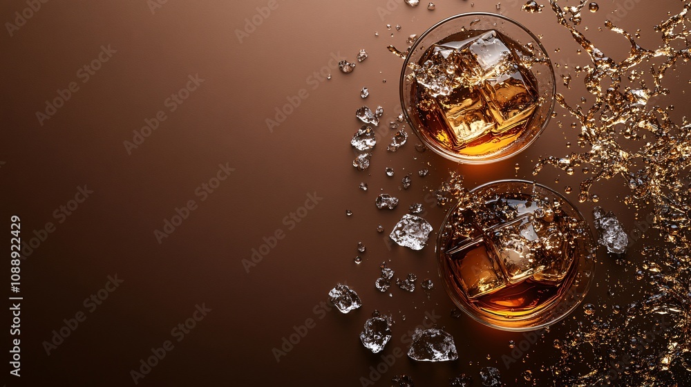 Poster 45-degree topview Isolated on background two whiskey glasses toasting with a splash of amber liquid and scattered ice on a rich brown background with side empty space for text Stockphoto style