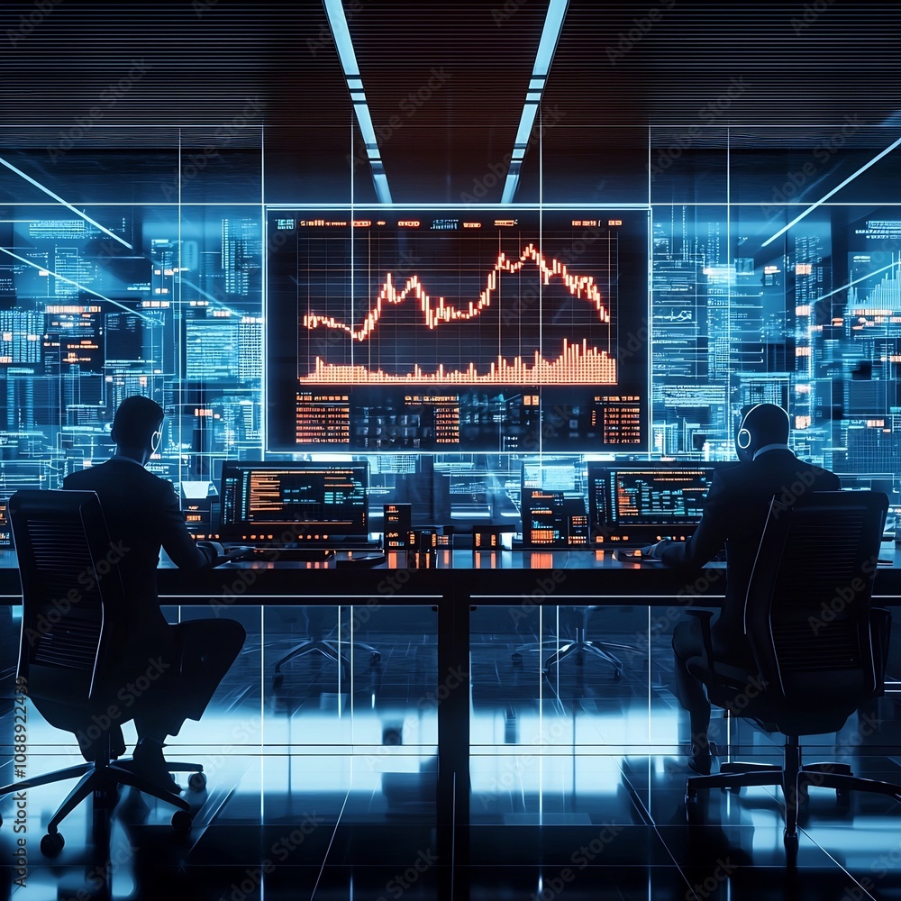Poster futuristic financial command center with assistants monitoring glowing data streams for smooth busin