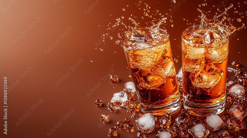 Fototapete 45-degree topview Isolated on background two whiskey glasses toasting with a splash of amber liquid and scattered ice on a rich brown background with side empty space for text Stockphoto style